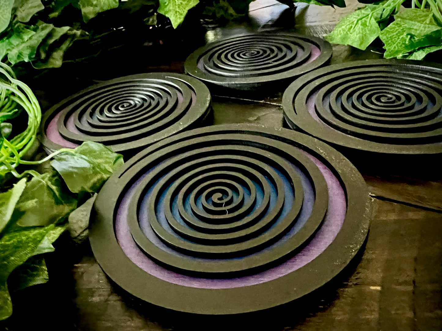 Coaster Set - 3D Psycho Swirls Dual Layer Sealed Wood with Cork Backing