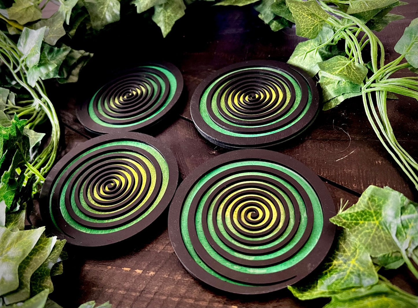 Coaster Set - 3D Psycho Swirls Dual Layer Sealed Wood with Cork Backing
