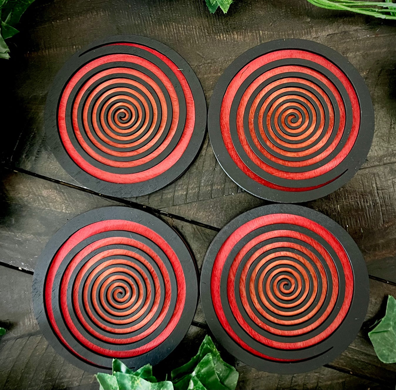 Coaster Set - 3D Psycho Swirls Dual Layer Sealed Wood with Cork Backing