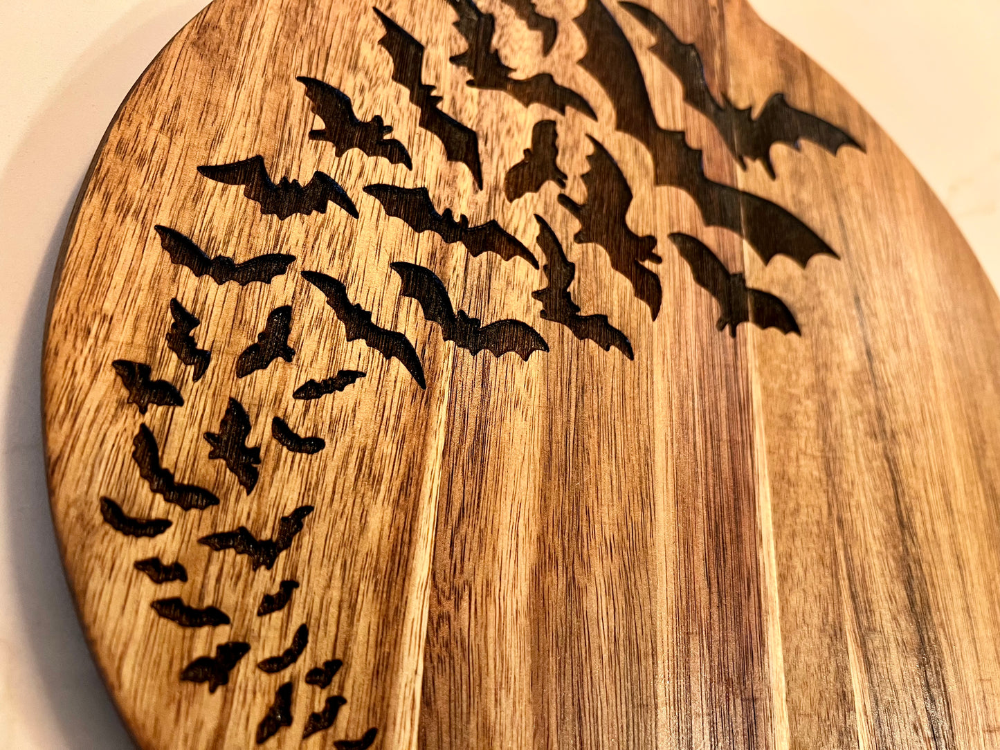 Charcuterie & Cutting Board - A Cauldron Bats engraved on beautiful round Acacia wood