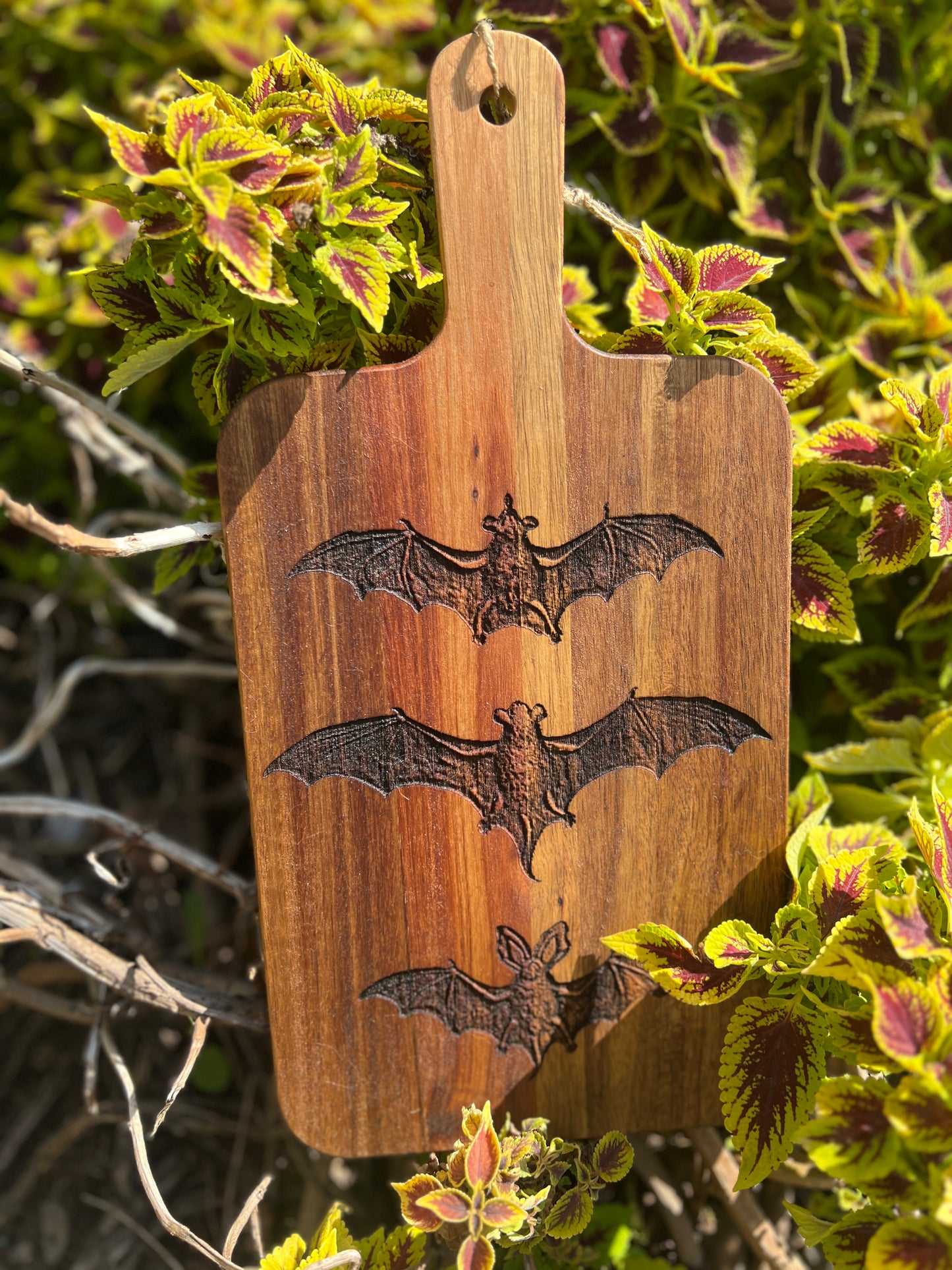 Charcuterie & Cutting Board - “Trio of Bats” engraved on beautiful Acacia Paddle Shaped Board classic Victorian bats 15.7” X 7.8”