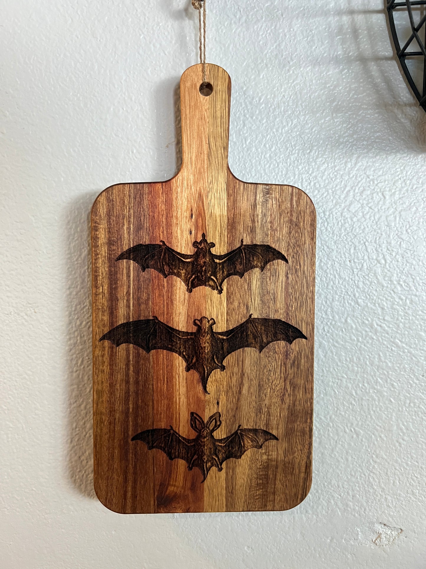 Charcuterie & Cutting Board - “Trio of Bats” engraved on beautiful Acacia Paddle Shaped Board classic Victorian bats 15.7” X 7.8”