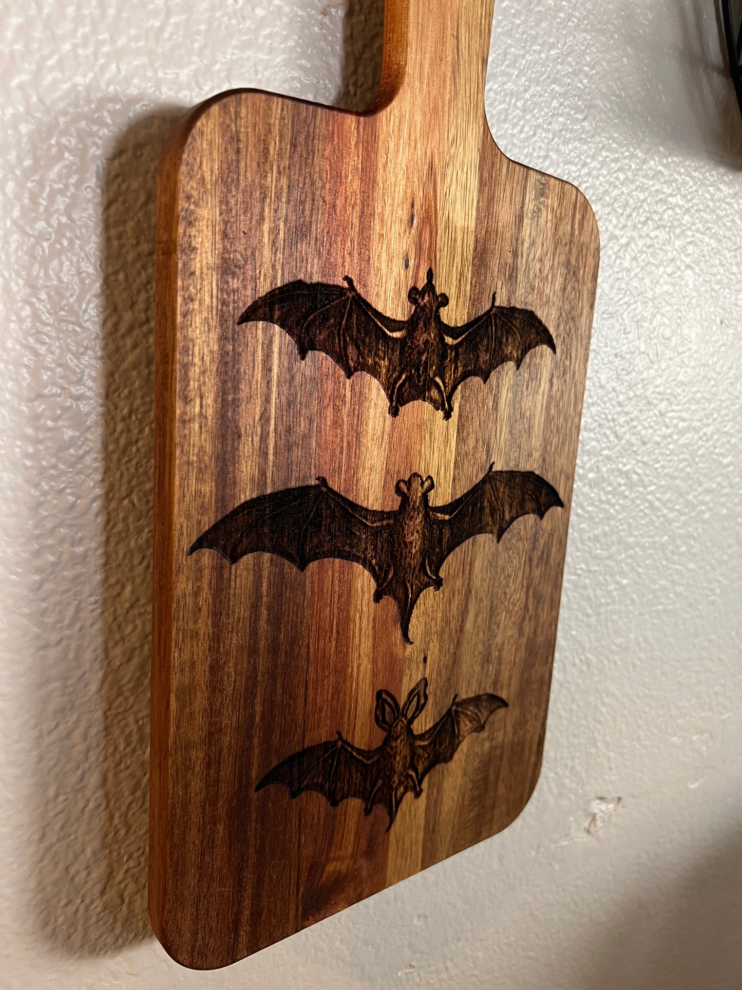 Charcuterie & Cutting Board - “Trio of Bats” engraved on beautiful Acacia Paddle Shaped Board classic Victorian bats 15.7” X 7.8”