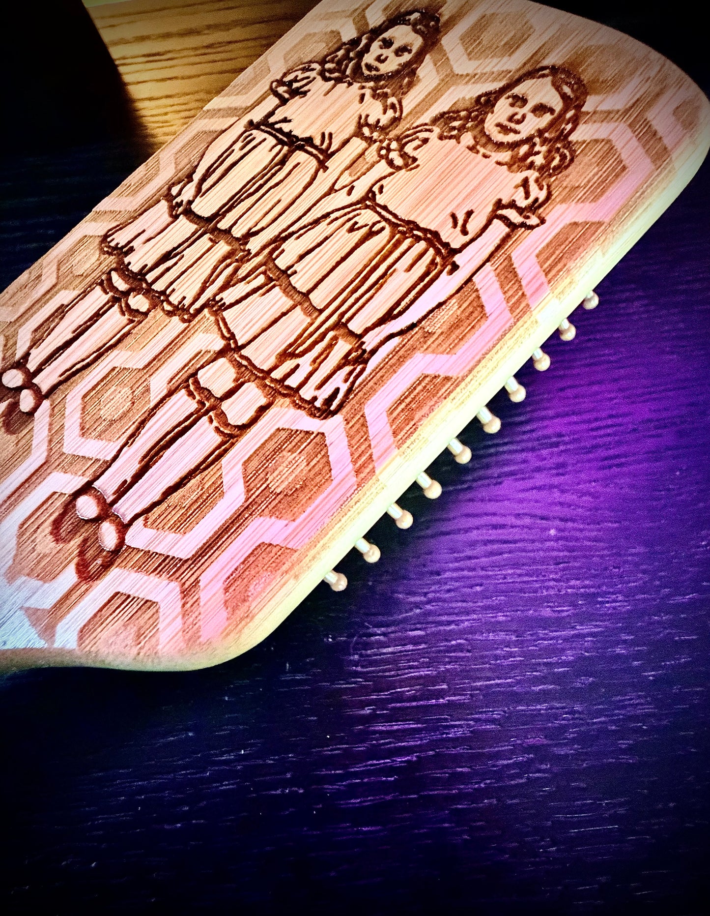 Hairbrush - The Shining Grady Twins engraved on large bamboo paddle brush with Bamboo Bristles