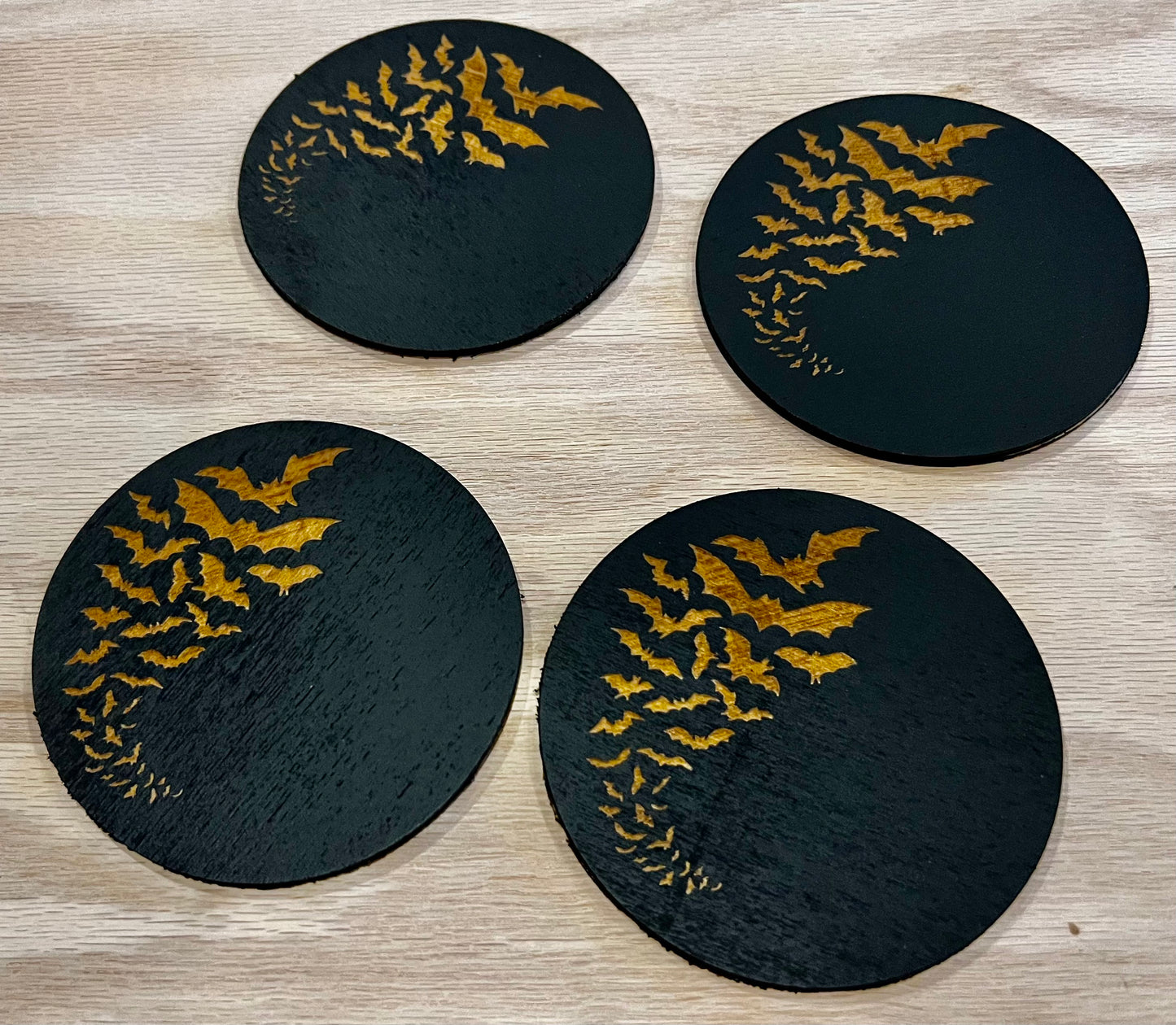 Coaster Set - Bats! Engraved on Wood with Cork backing (set of 4)
