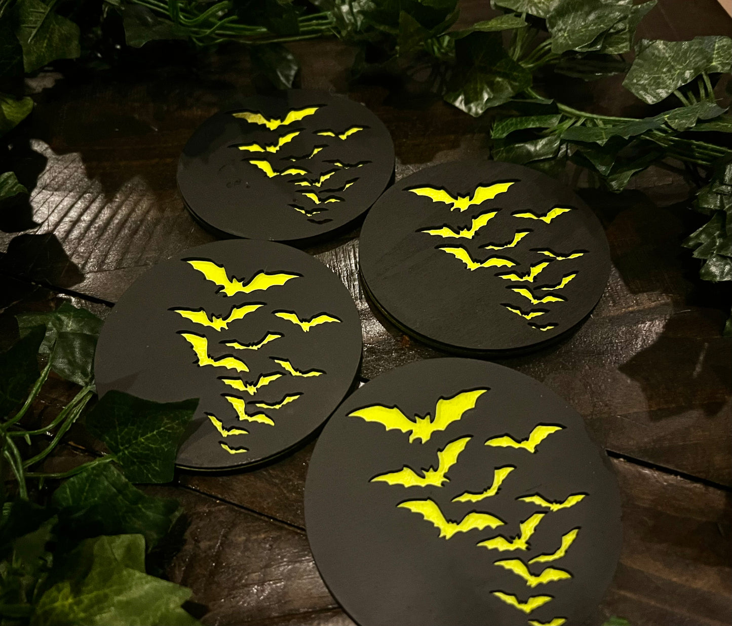 Coaster Set - 3D Engraved Bats Wooden with Cork back (set of 4)