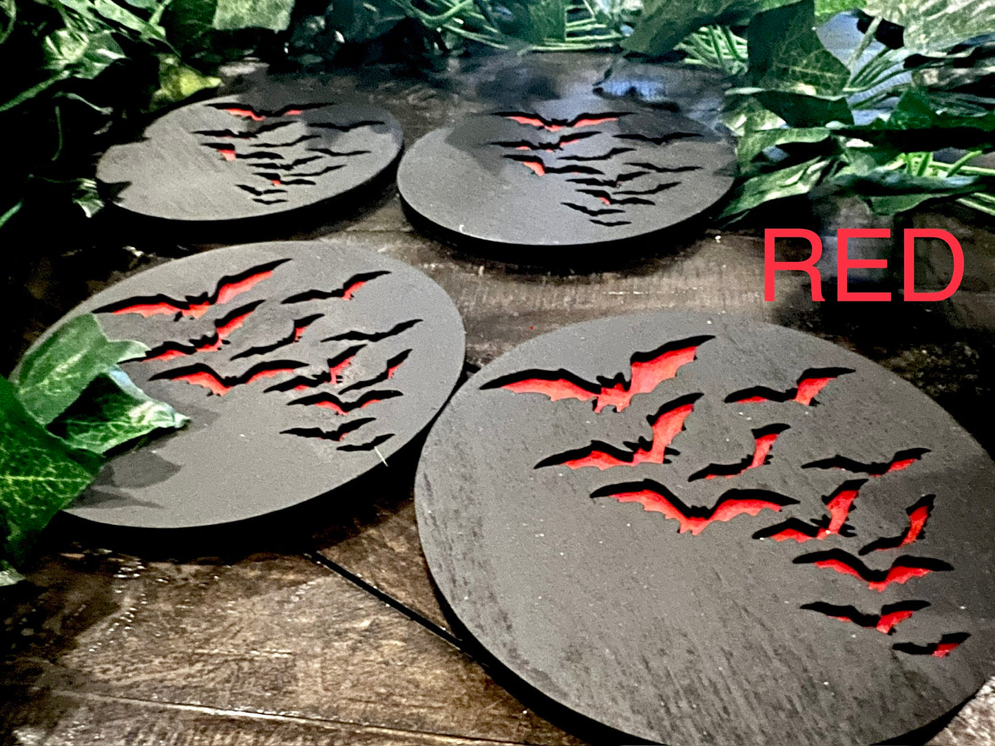 Coaster Set - 3D Engraved Bats Wooden with Cork back (set of 4)