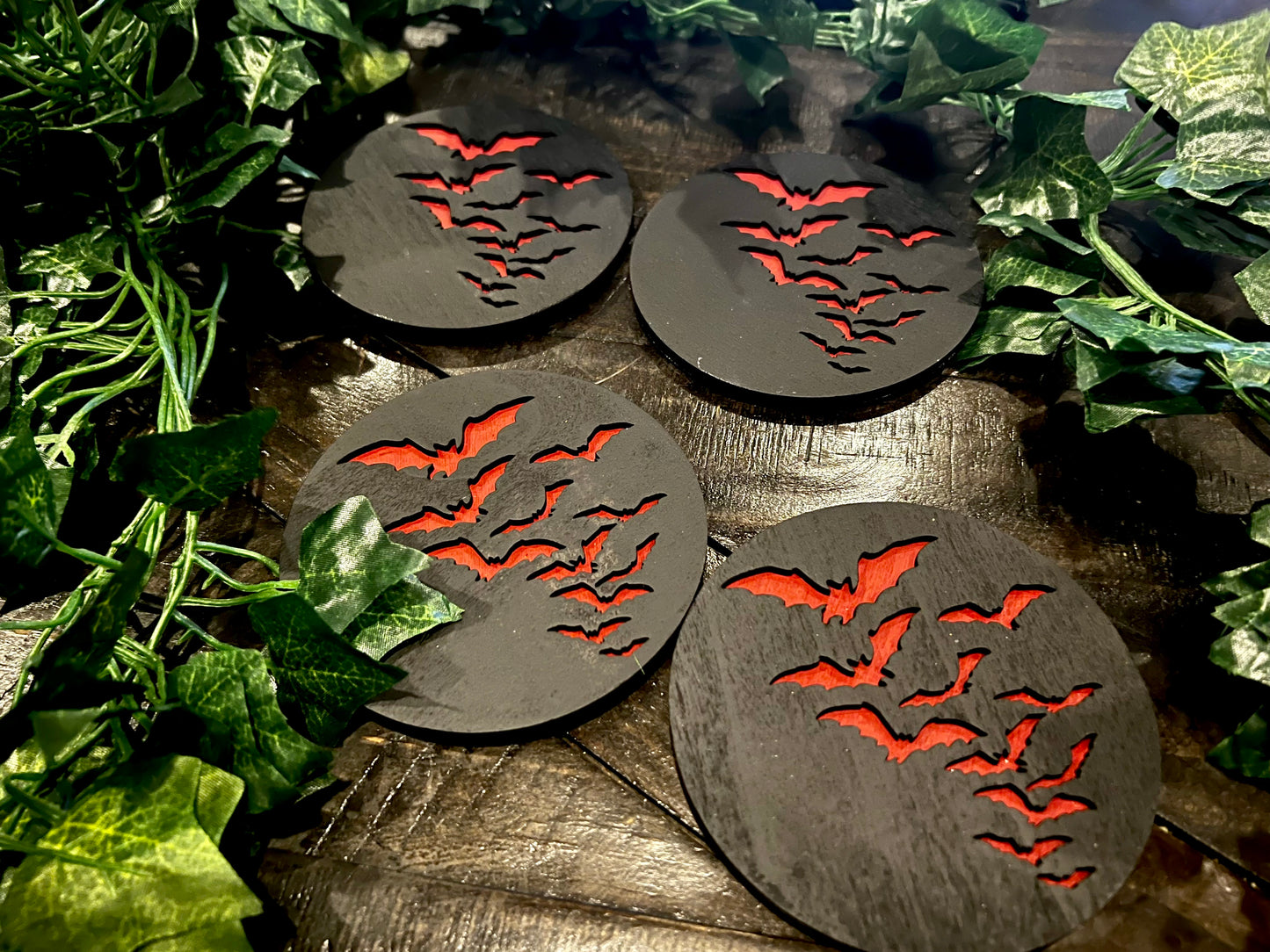 Coaster Set - 3D Engraved Bats Wooden with Cork back (set of 4)