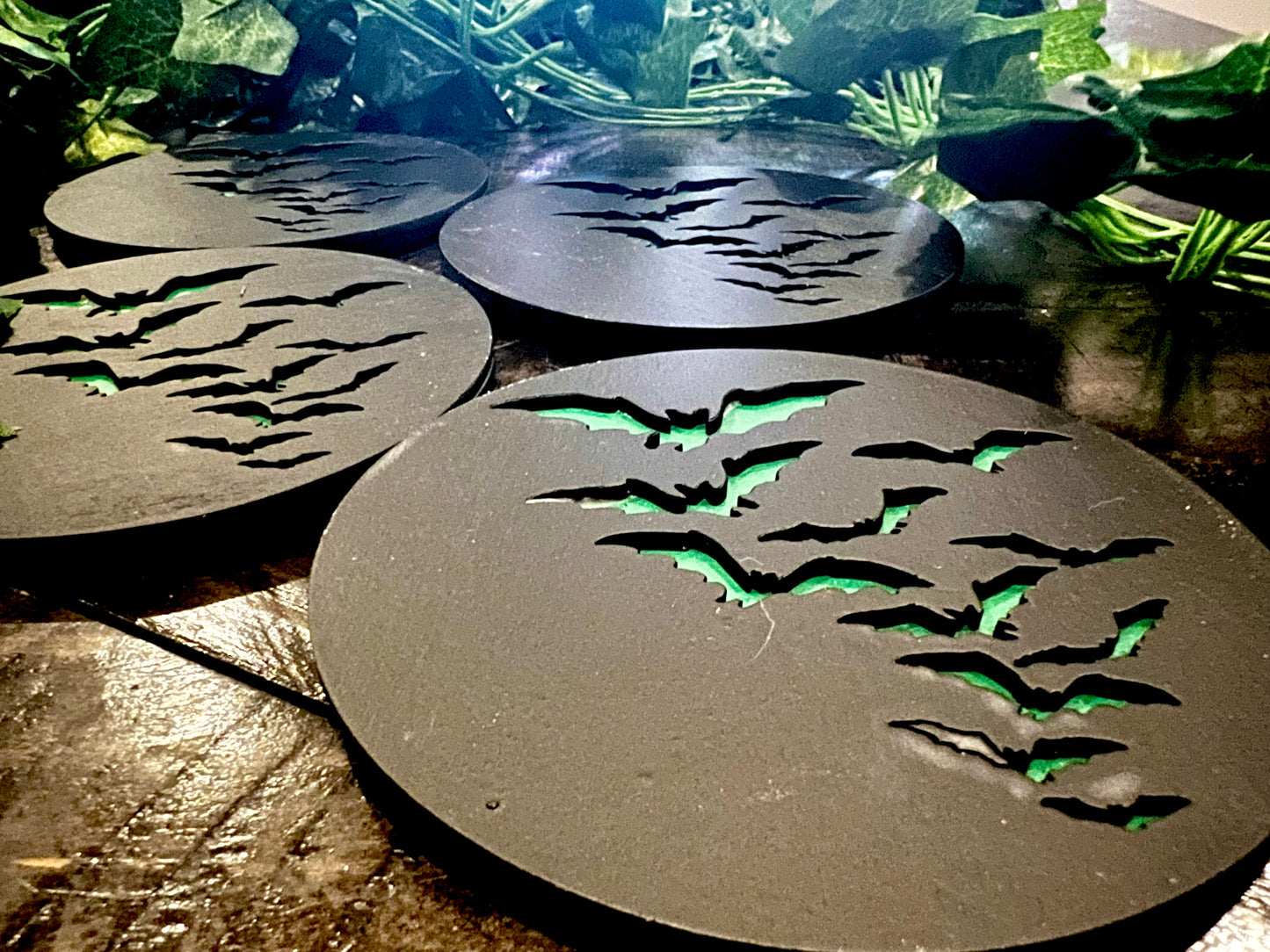 Coaster Set - 3D Engraved Bats Wooden with Cork back (set of 4)