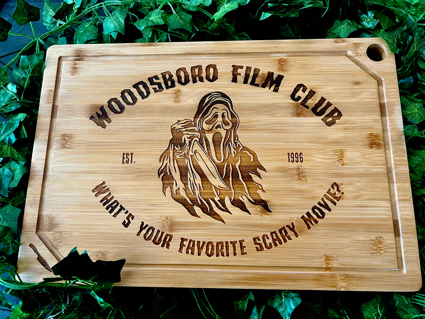 Cutting / Charcuterie Board - Woodsboro Film Club engraved on Bamboo- Ghostface Scream