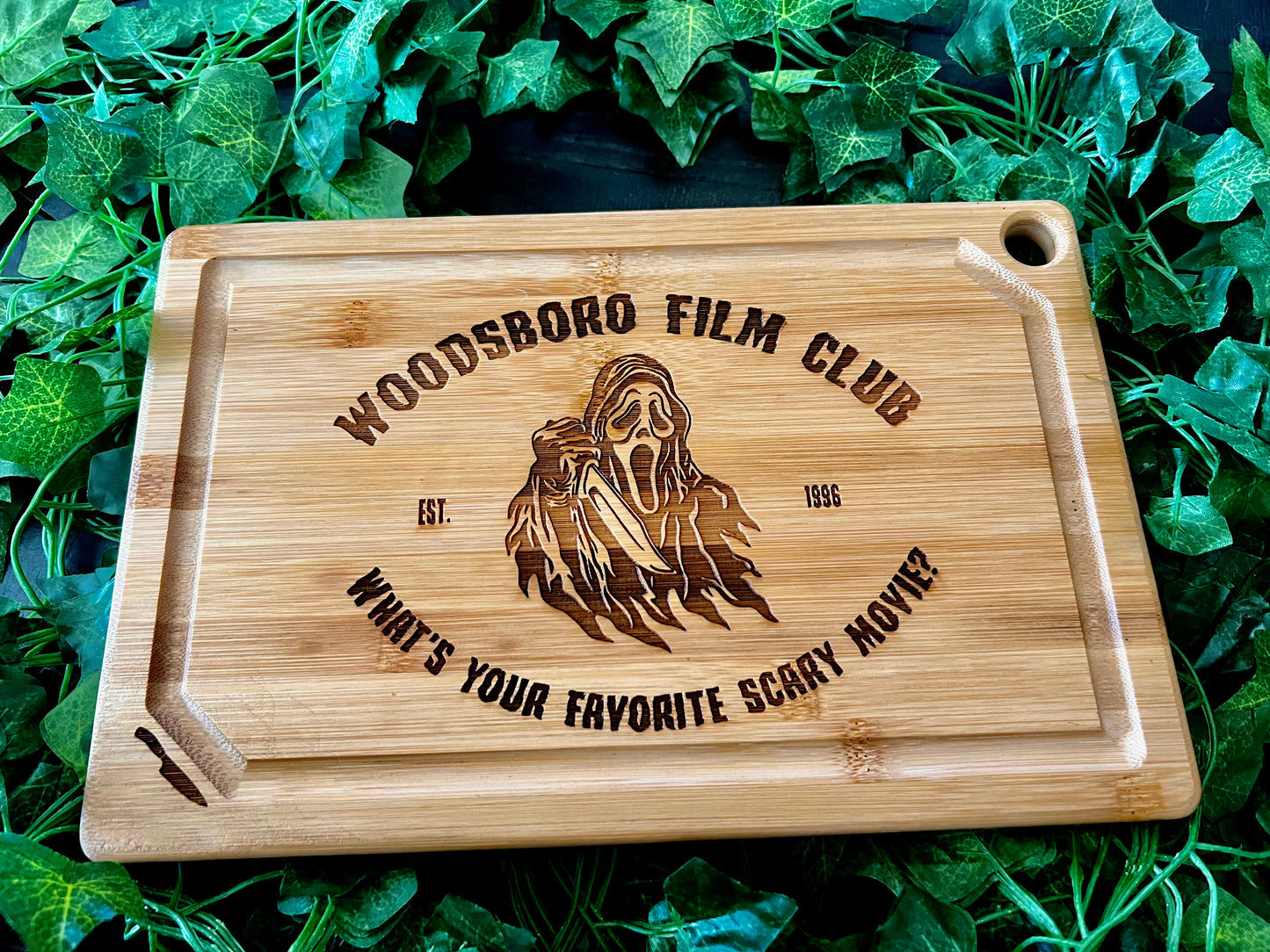 Cutting / Charcuterie Board - Woodsboro Film Club engraved on Bamboo- Ghostface Scream