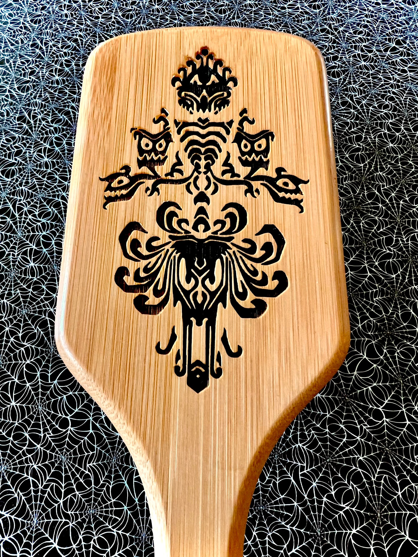 Hairbrush - Haunted Wallpaper Engraved on Large Bamboo Paddle Handle