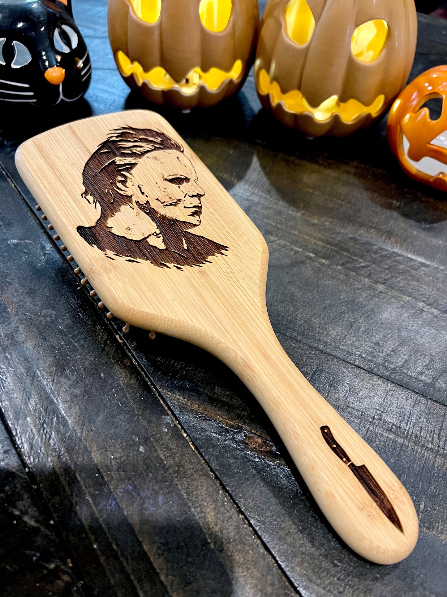 Hairbrush - Michael Myers Design Engraved on Bamboo Handle Halloween