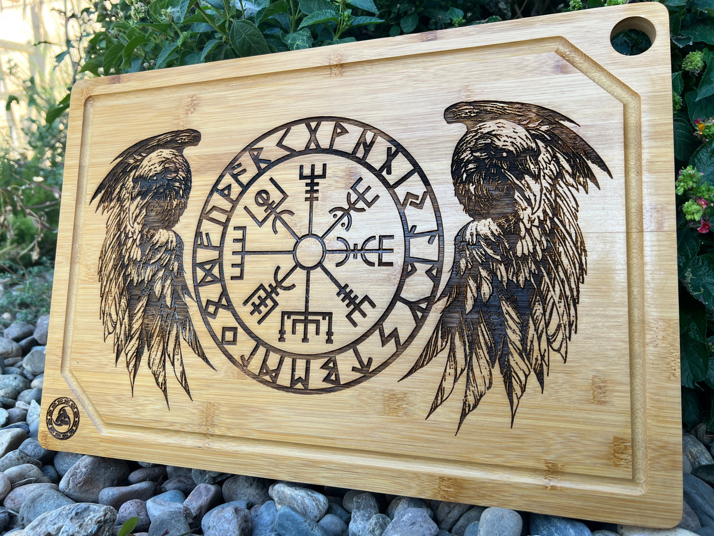 Cutting / Charcuterie Board - Odin's Twin Ravens & Vegvisir engraved on heavy duty Bamboo