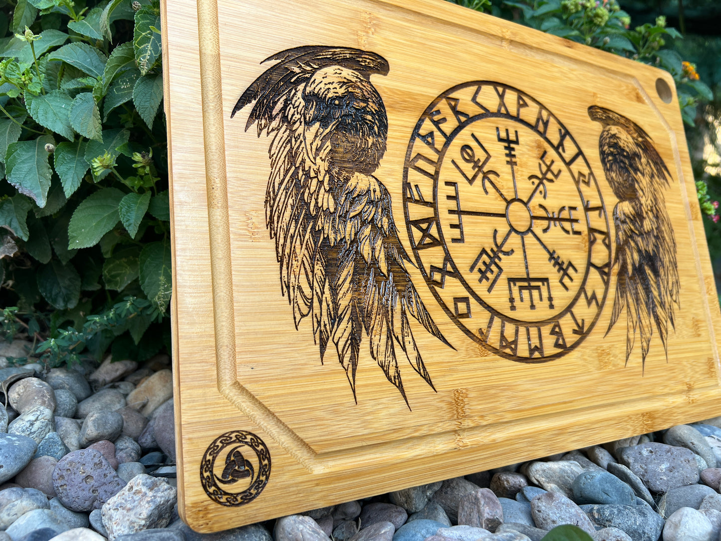 Cutting / Charcuterie Board - Odin's Twin Ravens & Vegvisir engraved on heavy duty Bamboo