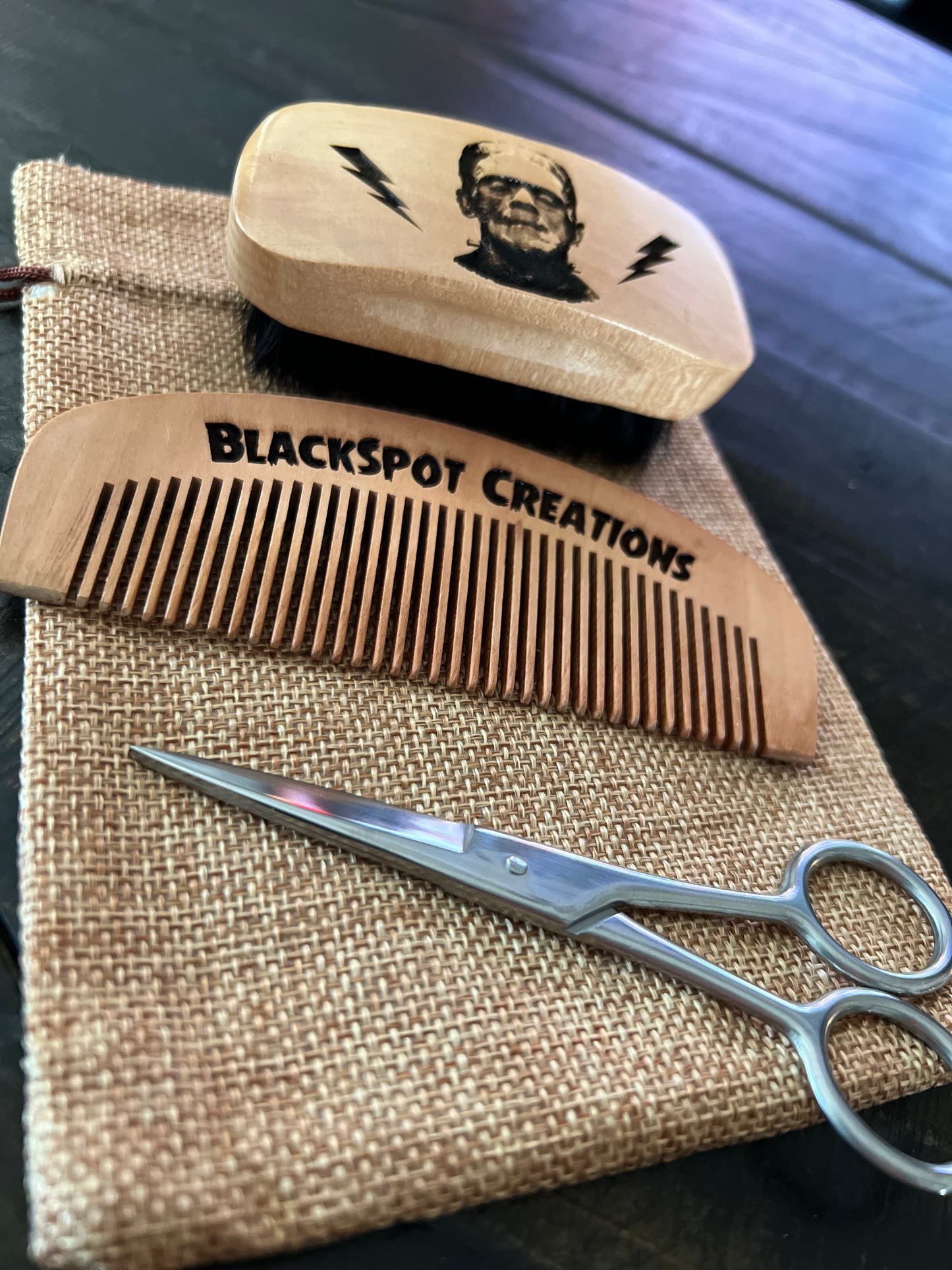 Grooming Kit - Frankenstein engraved beard brush, wooden comb, trimming scissors, and travel bag