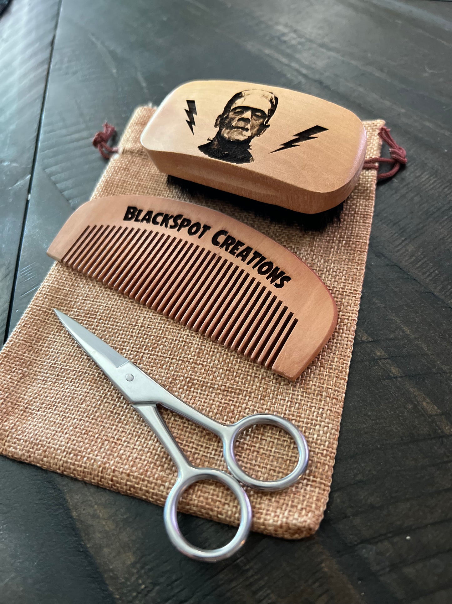 Grooming Kit - Frankenstein engraved beard brush, wooden comb, trimming scissors, and travel bag