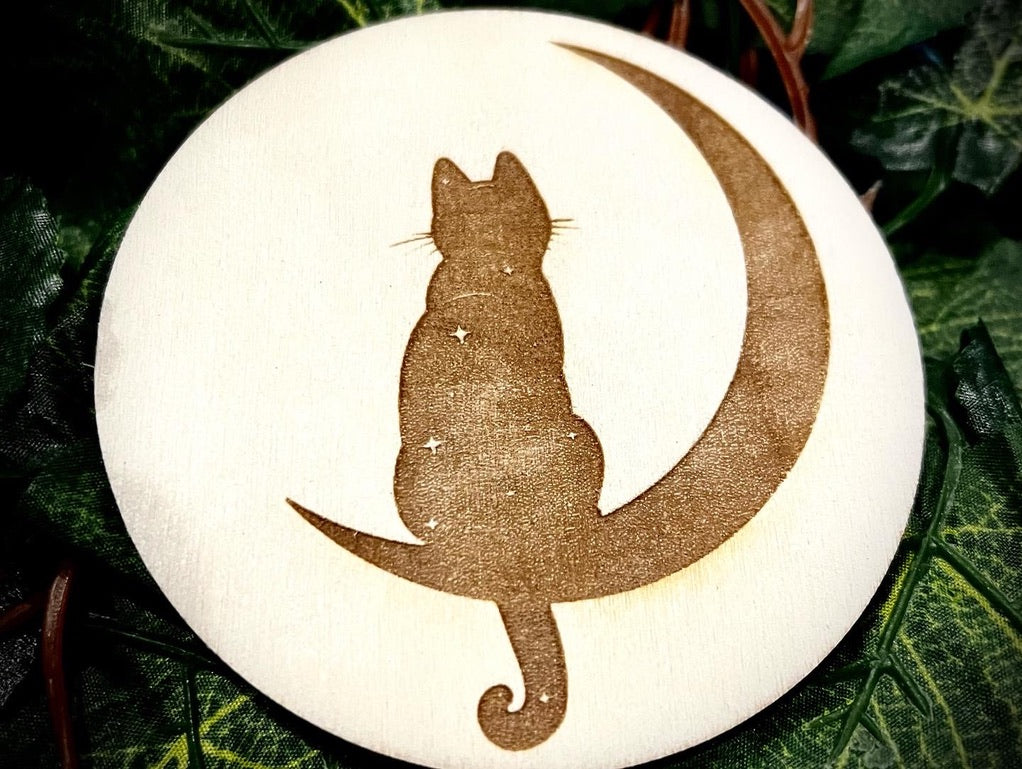 Coaster Set - Cats & Moons engraved wood with cork backing (set of 4)