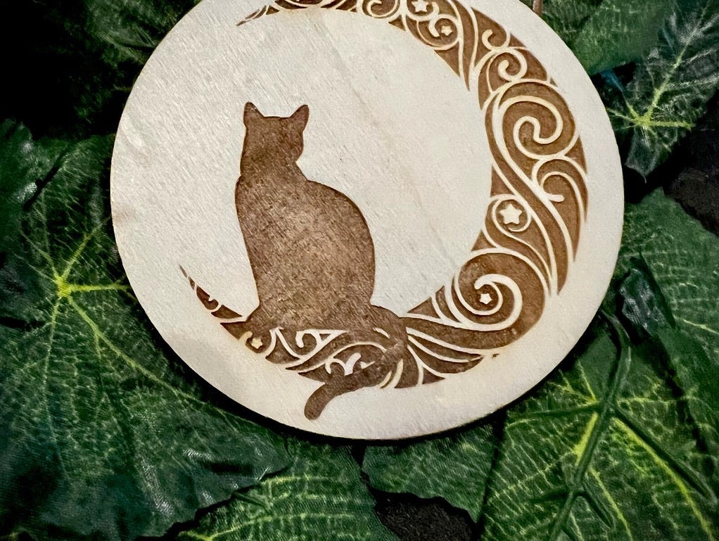 Coaster Set - Cats & Moons engraved wood with cork backing (set of 4)