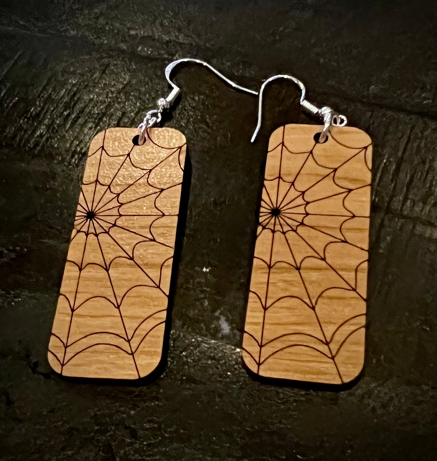 Earrings - Spiderweb Design engraved on Cherrywood