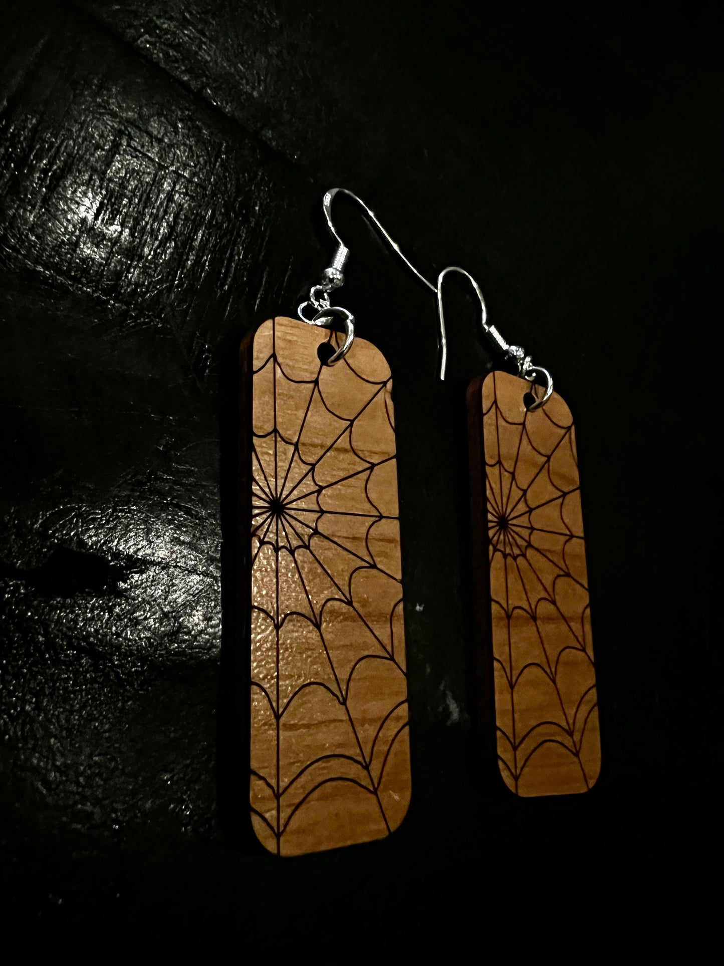Earrings - Spiderweb Design engraved on Cherrywood