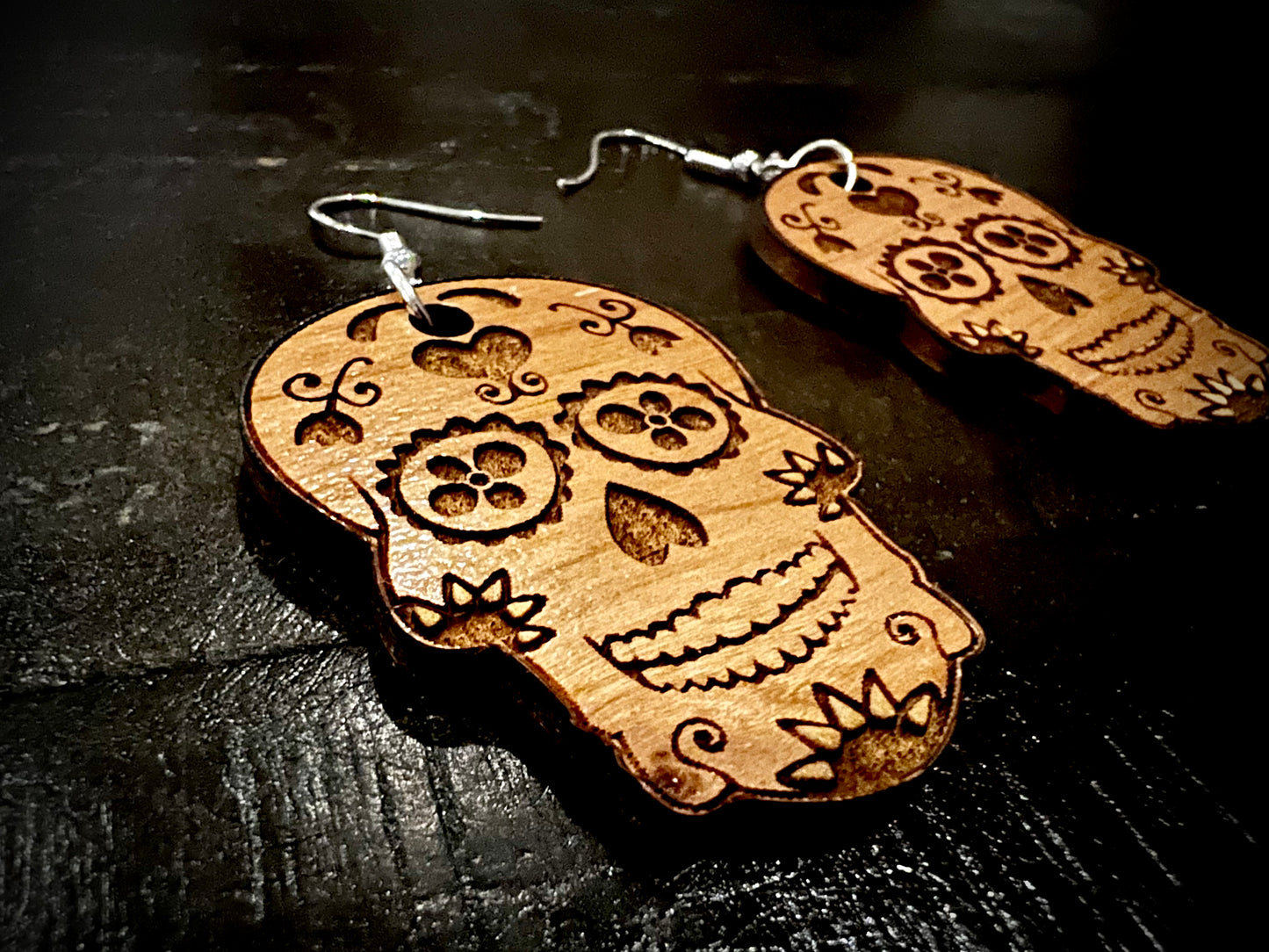 Earrings - Sugar Skulls engraved on Cherry Wood