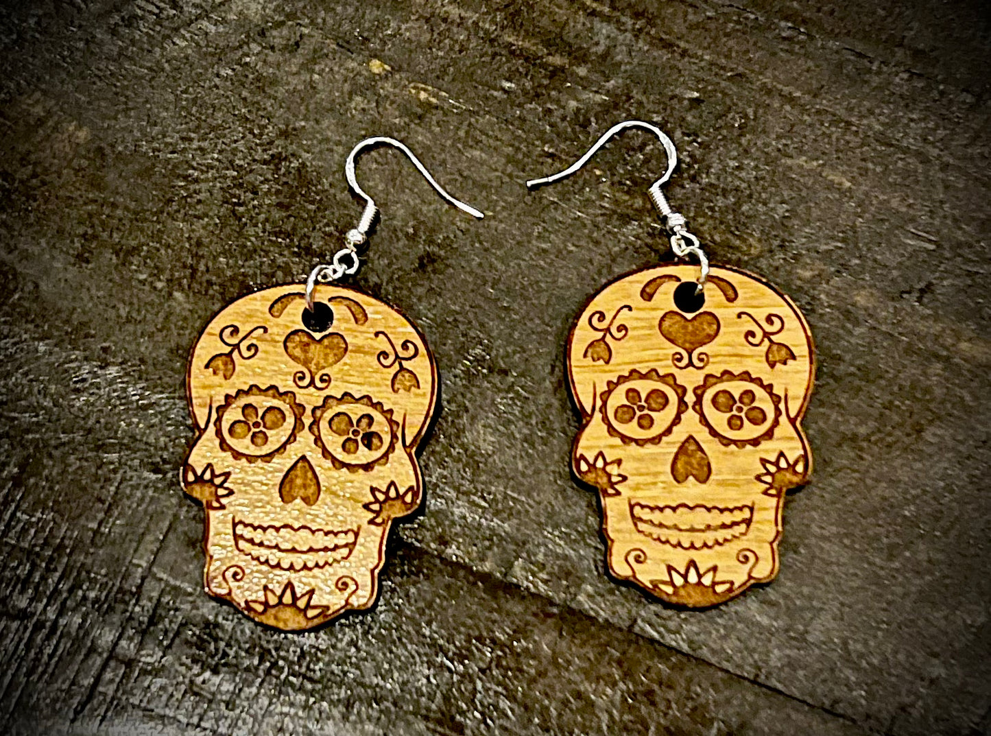Earrings - Sugar Skulls engraved on Cherry Wood