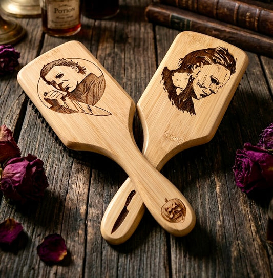 Hairbrush - Michael Myers Design Engraved on Bamboo Handle Halloween