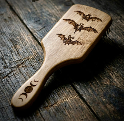Hairbrush  - Triple Bat Design Engraved on Bamboo Handle