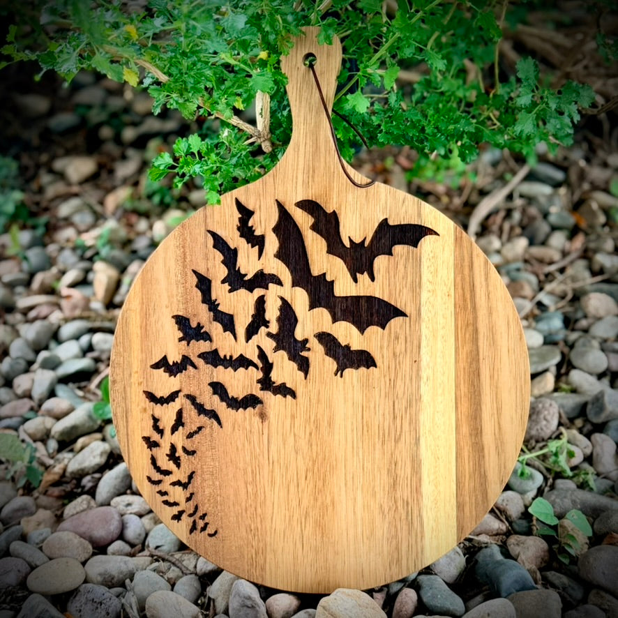 Charcuterie & Cutting Board - A Cauldron Bats engraved on beautiful round Acacia wood