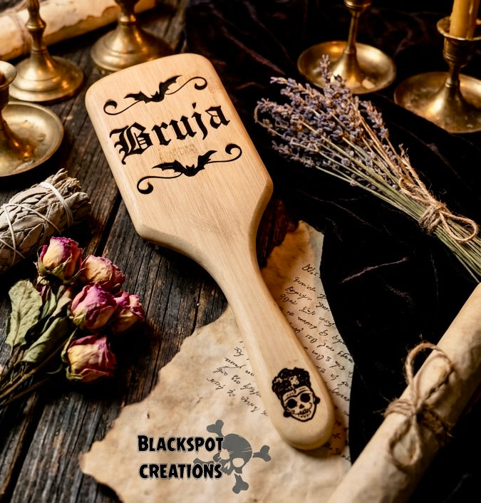 Hairbrush - Bruja engraved on large bamboo paddle brush with Bamboo Bristles
