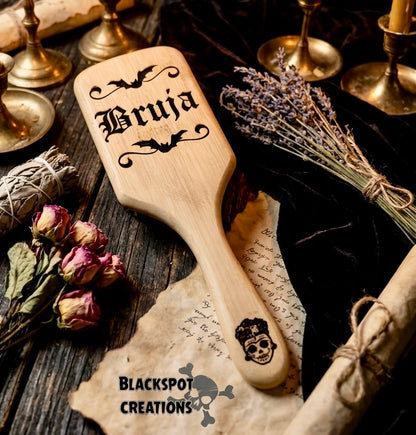 Hairbrush - Bruja engraved on large bamboo paddle brush with Bamboo Bristles
