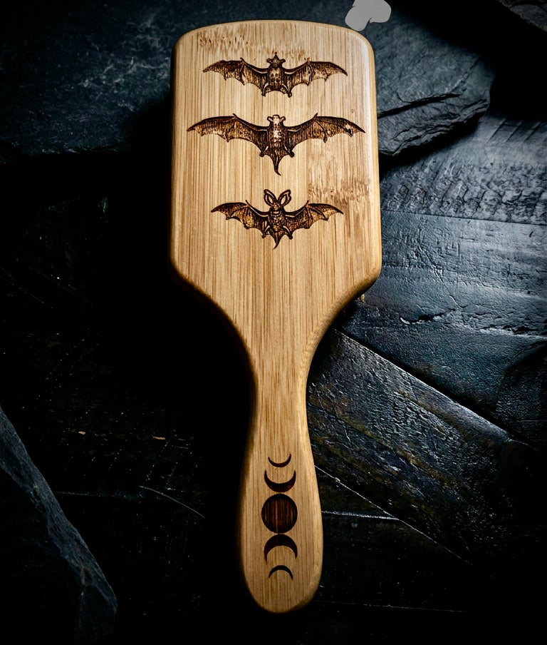 Hairbrush  - Triple Bat Design Engraved on Bamboo Handle