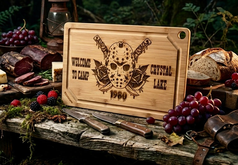 Cutting / Charcuterie Board - Camp Crystal Lake engraved on heavy duty Bamboo Jason Voorhees