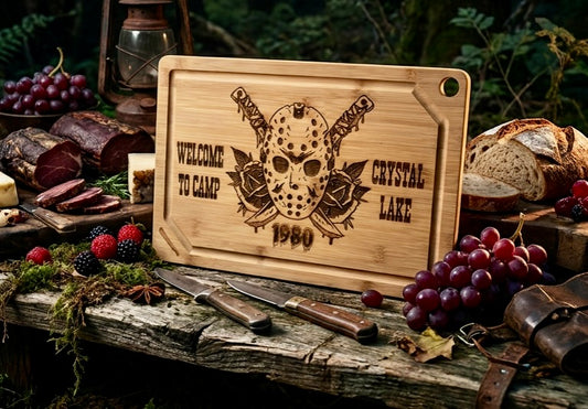 Cutting / Charcuterie Board - Camp Crystal Lake engraved on heavy duty Bamboo Jason Voorhees