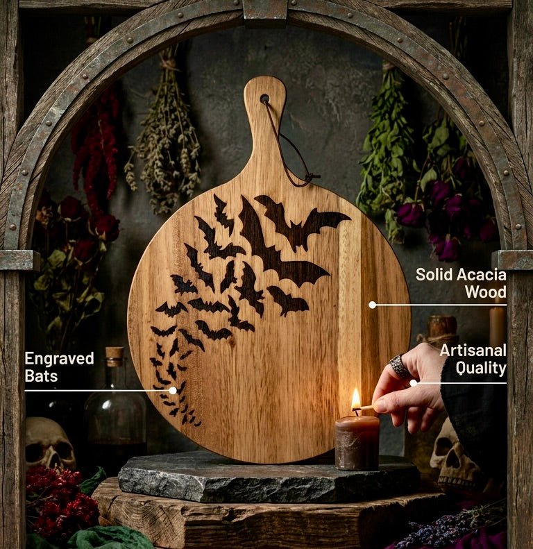Charcuterie & Cutting Board - A Cauldron Bats engraved on beautiful round Acacia wood