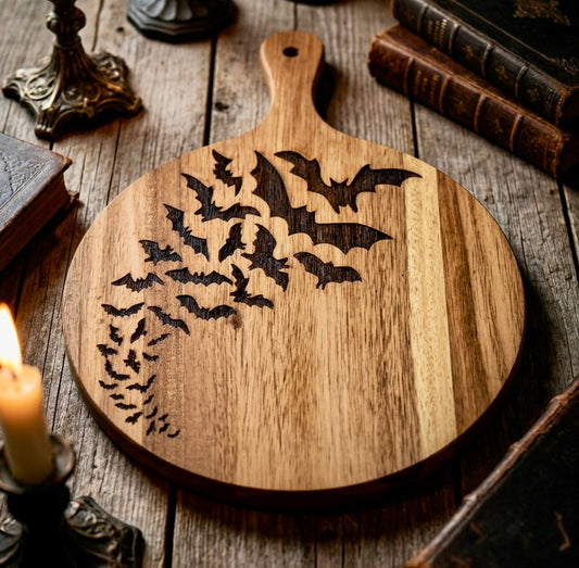 Charcuterie & Cutting Board - A Cauldron Bats engraved on beautiful round Acacia wood