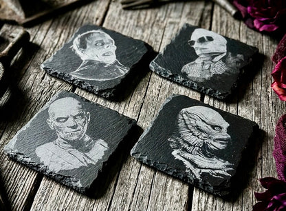 Coaster Set - Classic Monsters Series #2 Engraved on Slate (Set of four) Creature from the Black Lagoon Invisible Man Mummy Phantom of the Opera Universal