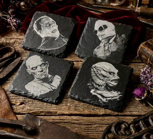 Coaster Set - Classic Monsters Series #2 Engraved on Slate (Set of four) Creature from the Black Lagoon Invisible Man Mummy Phantom of the Opera Universal