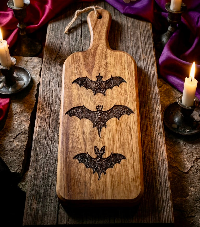 Charcuterie Board - Classic Bats engraved on beautiful Acacia Paddle Shaped Board 16” X 5” Serving Tray