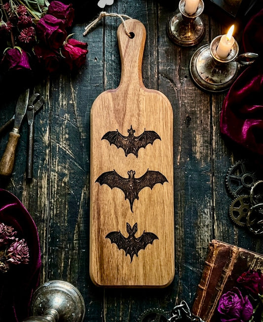 Charcuterie Board - Classic Bats engraved on beautiful Acacia Paddle Shaped Board 16” X 5” Serving Tray