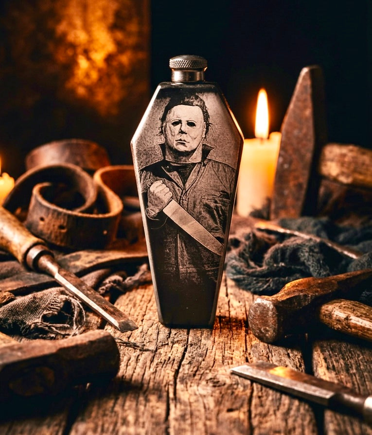 Flask - Michael Myers Coffin Shaped Stainless Steel Halloween Engraved Metal