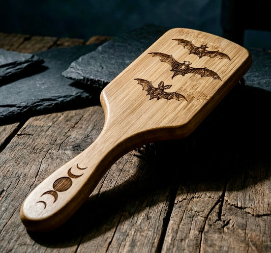 Hairbrush  - Triple Bat Design Engraved on Bamboo Handle