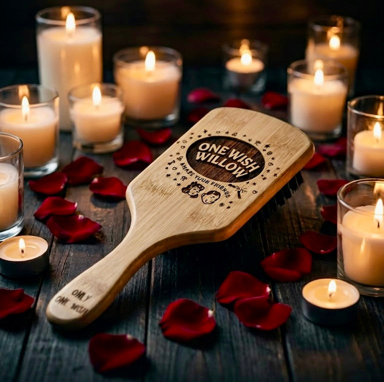 Hairbrush - One Wish Willow  engraved on large bamboo paddle brush with Bamboo Bristles Obsession