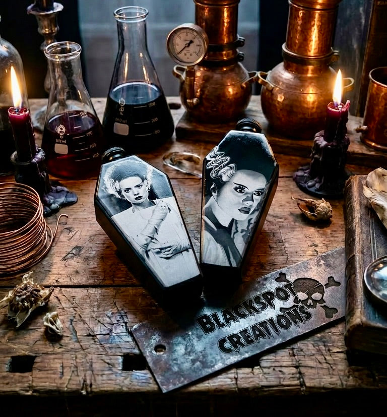 Flask - Bride of Frankenstein Coffin Shaped Stainless Steel Dual-Sided Engraved Metal