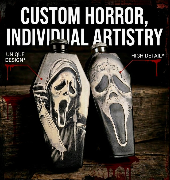 Flask - Ghostface Coffin Shaped Stainless Steel Dual-Sided Engraved Metal Scream