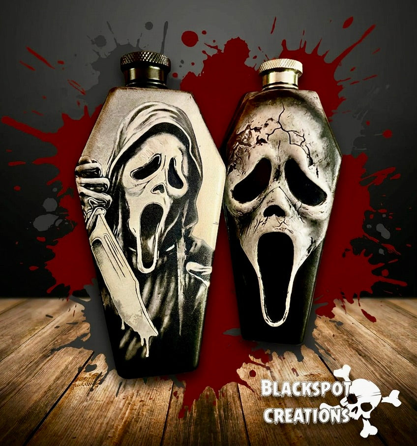 Flask - Ghostface Coffin Shaped Stainless Steel Dual-Sided Engraved Metal Scream