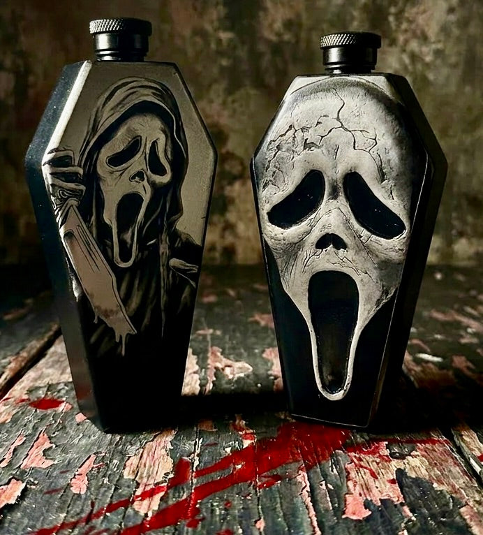 Flask - Ghostface Coffin Shaped Stainless Steel Dual-Sided Engraved Metal Scream