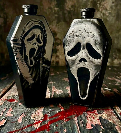Flask - Ghostface Coffin Shaped Stainless Steel Dual-Sided Engraved Metal Scream