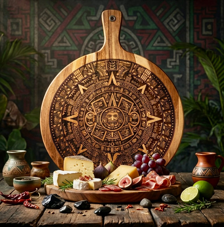 Charcuterie & Cutting Board - Aztec Calendar engraved on beautiful round acacia